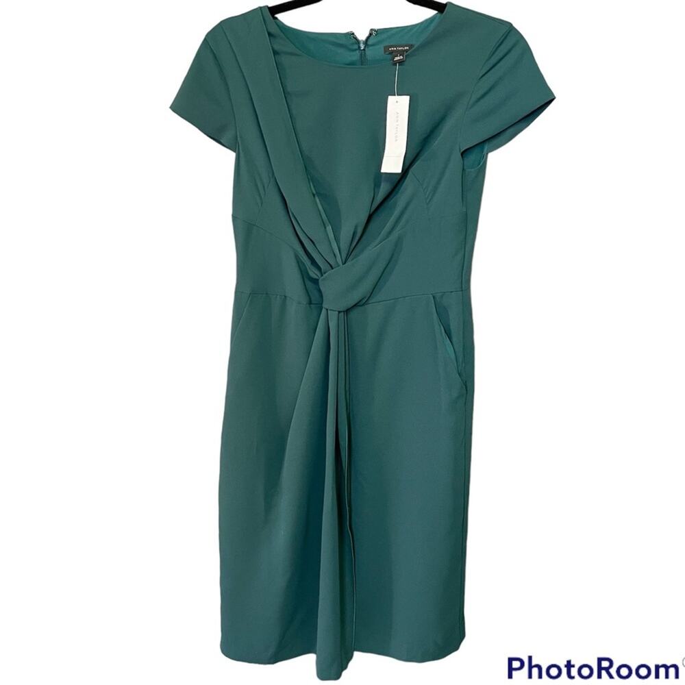 Ann Taylor Emerald Green Dress Sz 0 NEW Faux Wrap Sheath Knee Length Boss Babe